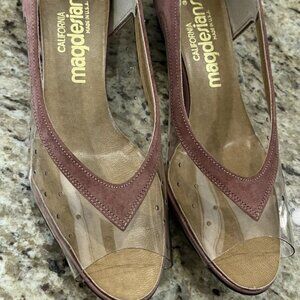 Vintage California Magdesians Women’s Clear Vinyl Suede Trim Peep Toe Size 6M